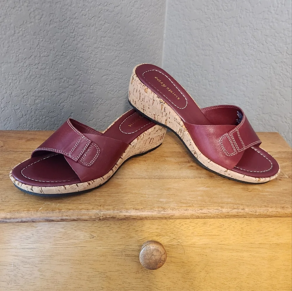 NWT Easy Spirit ESPLUSH‎ Red Leather Upper Slip-On Wedges, Size 7.5